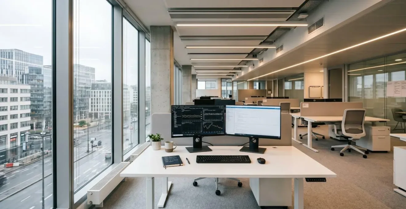 Poste de travail professionnel avec double écran positionné perpendiculairement à une large fenêtre diffusant lumière naturelle douce