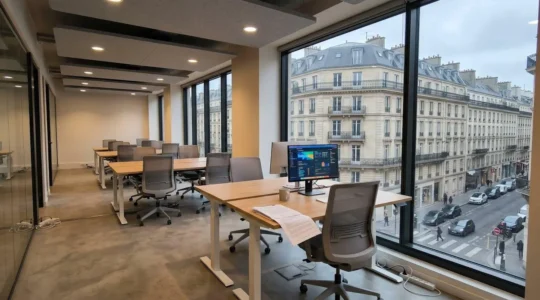 Espace de travail professionnel avec bureau réglable en hauteur, fauteuil ergonomique à support lombaire et large baie vitrée diffusant lumière naturelle