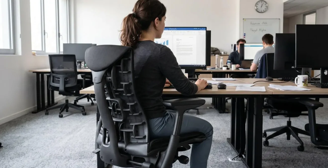 Collaborateur vu de dos assis sur fauteuil de bureau ergonomique noir avec support lombaire réglable et accoudoirs ajustables
